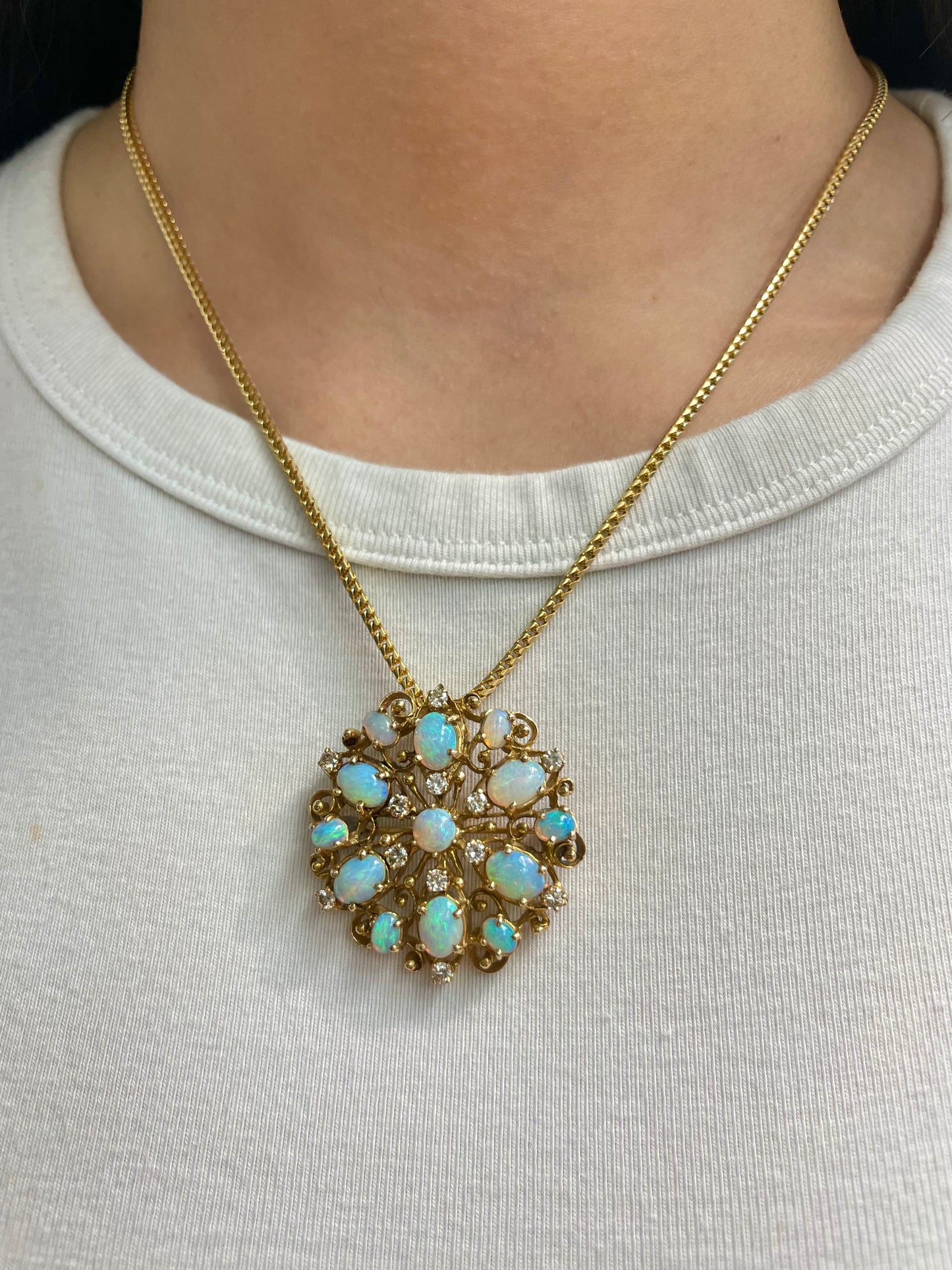 Vintage 14K Yellow Gold Opal Diamond Cluster Pendant Brooch