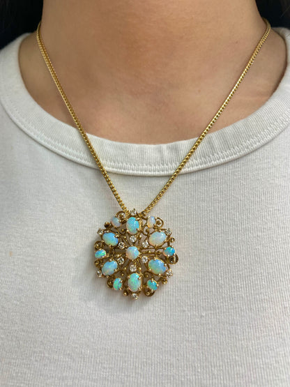 Vintage 14K Yellow Gold Opal Diamond Cluster Pendant Brooch
