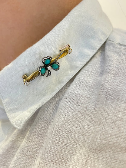 Antique 22K Gold Turquoise Diamond Shamrock Brooch