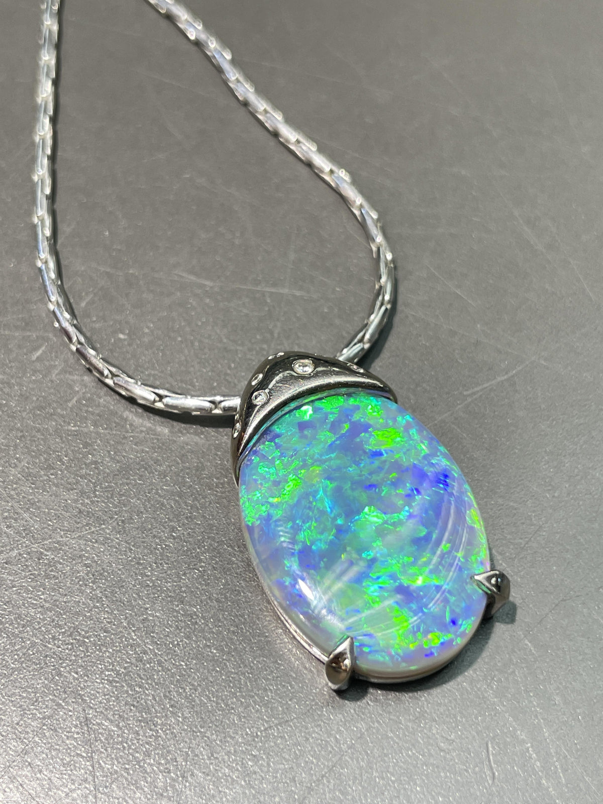 French 18K Gold Black Opal Diamond Pendant Necklace, GIA