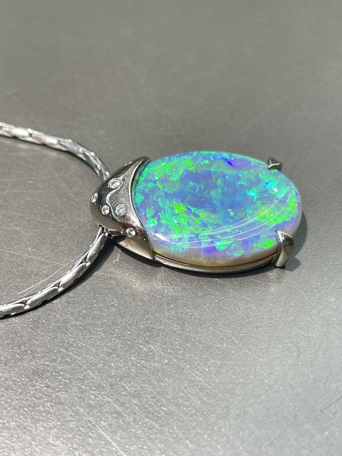 French 18K Gold Black Opal Diamond Pendant Necklace, GIA