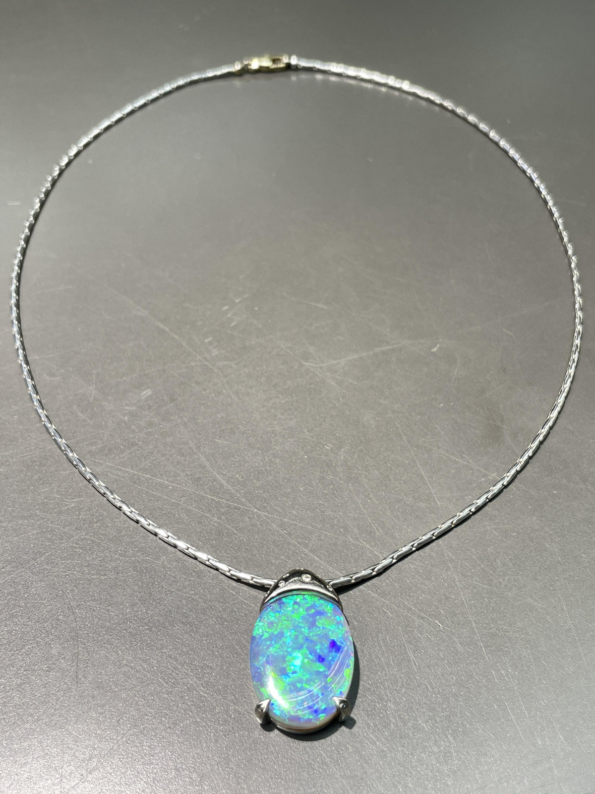 French 18K Gold Black Opal Diamond Pendant Necklace, GIA