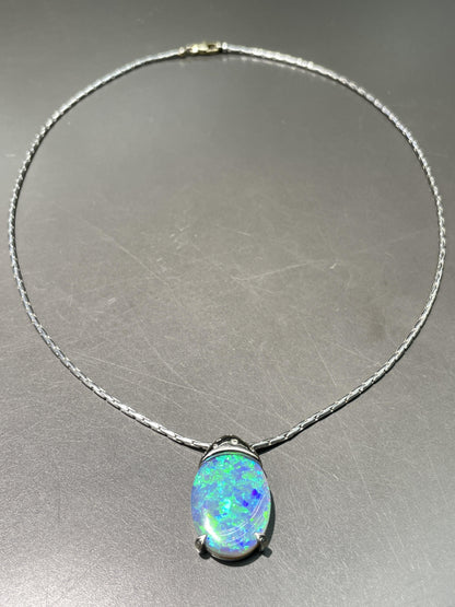 French 18K Gold Black Opal Diamond Pendant Necklace, GIA