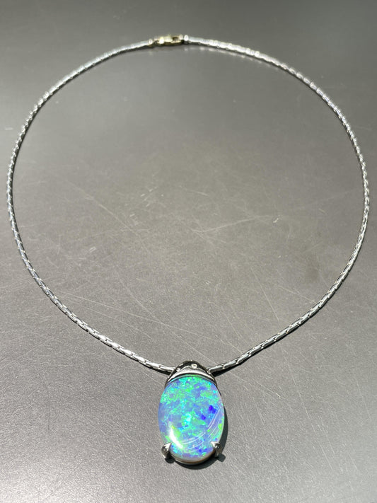 French 18K Gold Black Opal Diamond Pendant Necklace, GIA