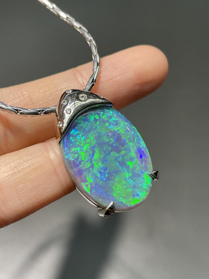 French 18K Gold Black Opal Diamond Pendant Necklace, GIA