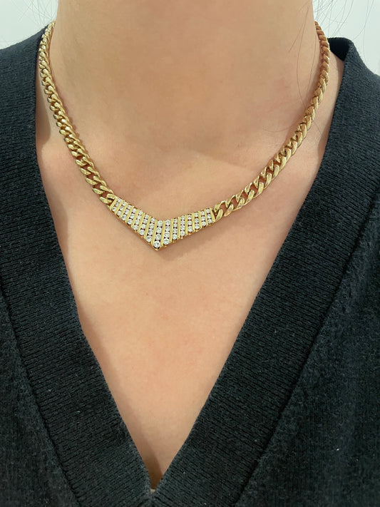 Vintage 14K Gold 1.65 CTW Diamond V Curblink Necklace