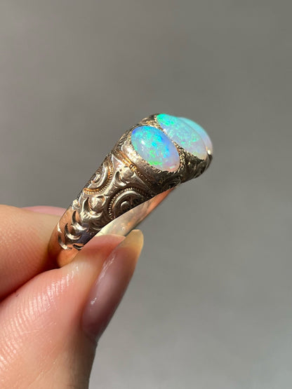 Antique Victorian 10K Yellow Gold Three Stone Opal Ring SZ 7