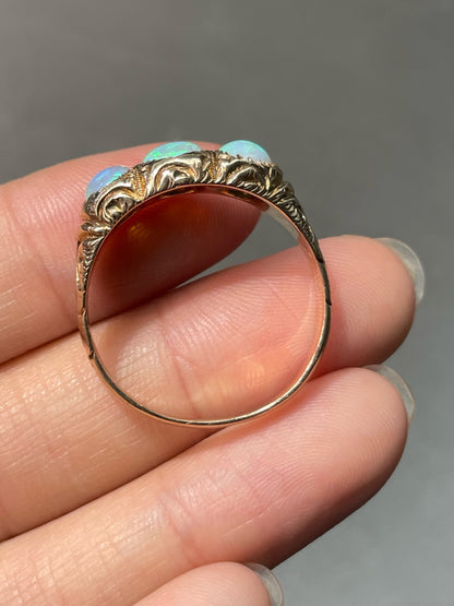 Antique Victorian 10K Yellow Gold Three Stone Opal Ring SZ 7