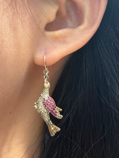 Antique 14K Gold Ruby Diamond Bird Drop Earring