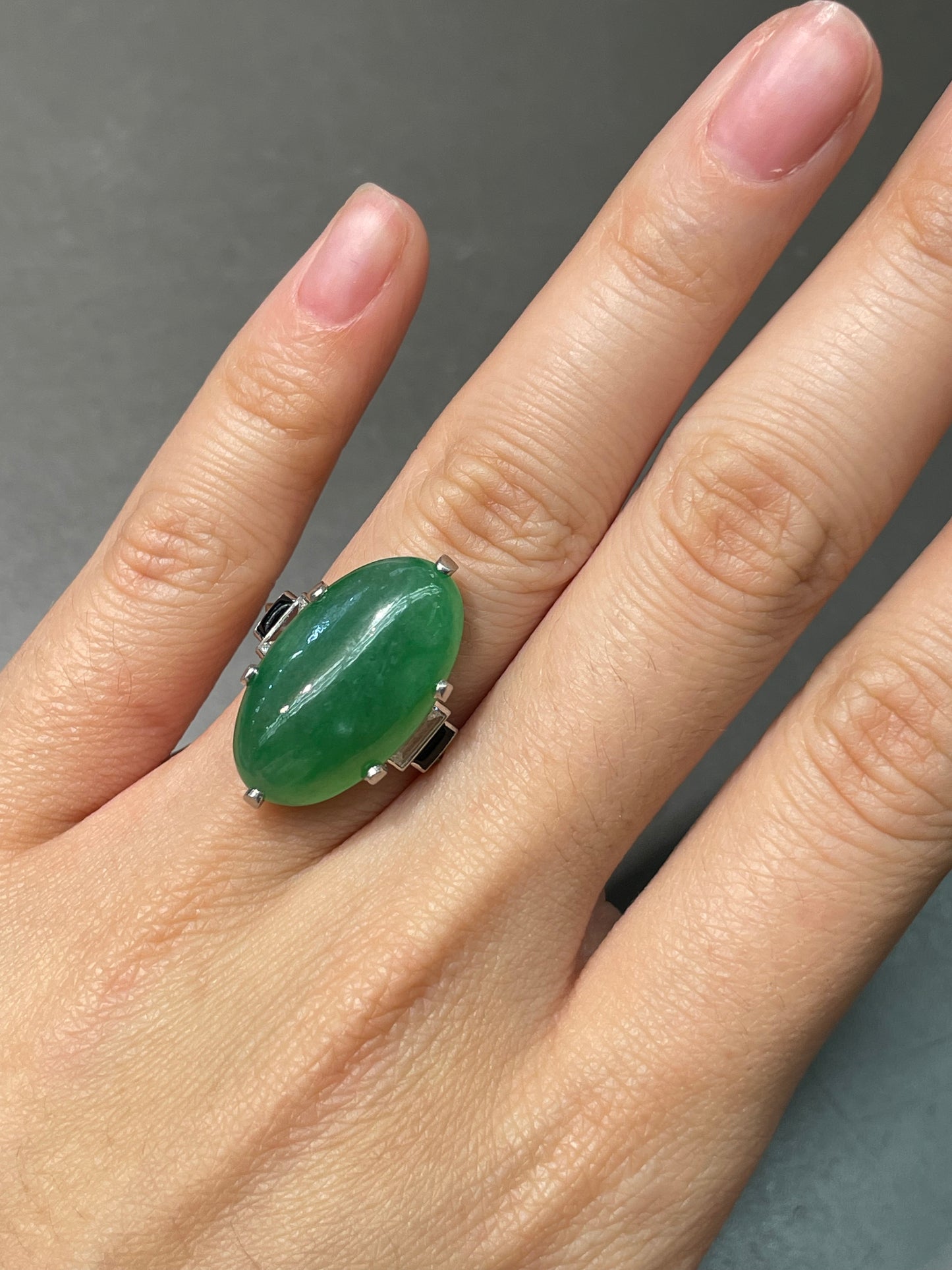 Antique Art Deco GIA Platinum Jade Cabochon Diamond Onyx Ring