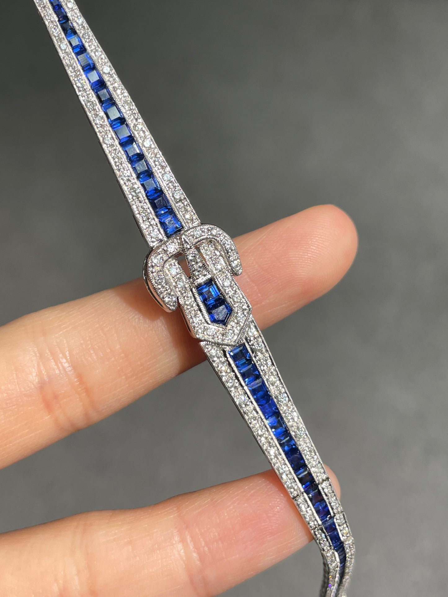 Art Deco Style 18K Gold Sapphire Diamond Buckle Bracelet