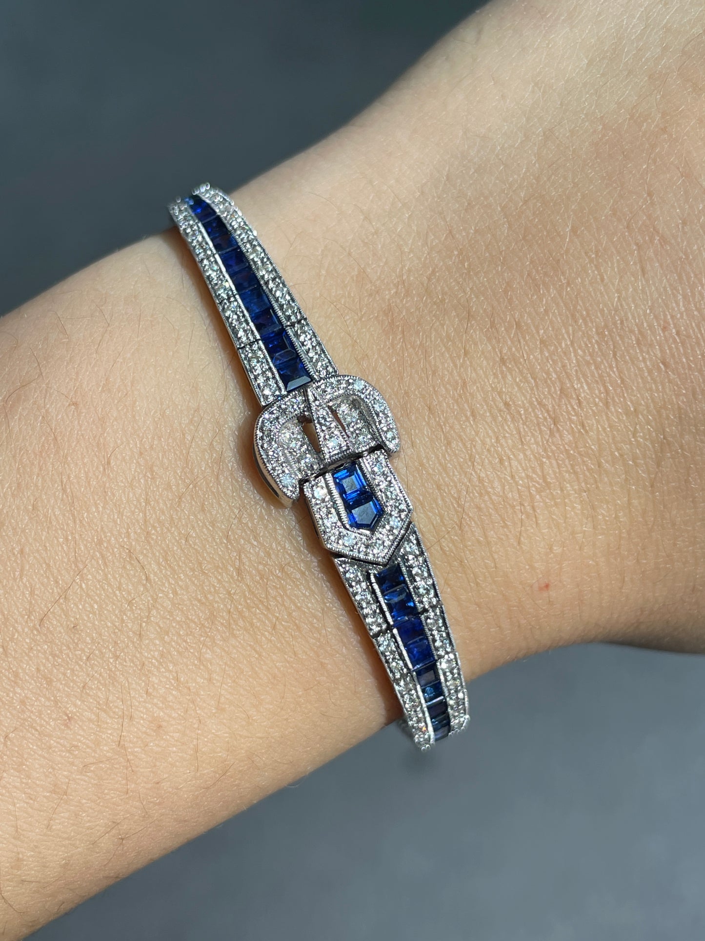 Art Deco Style 18K Gold Sapphire Diamond Buckle Bracelet