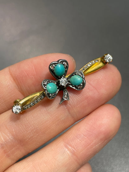 Antique 22K Gold Turquoise Diamond Shamrock Brooch