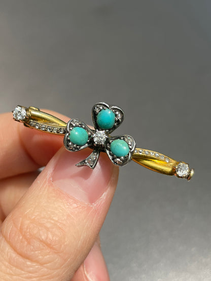 Antique 22K Gold Turquoise Diamond Shamrock Brooch