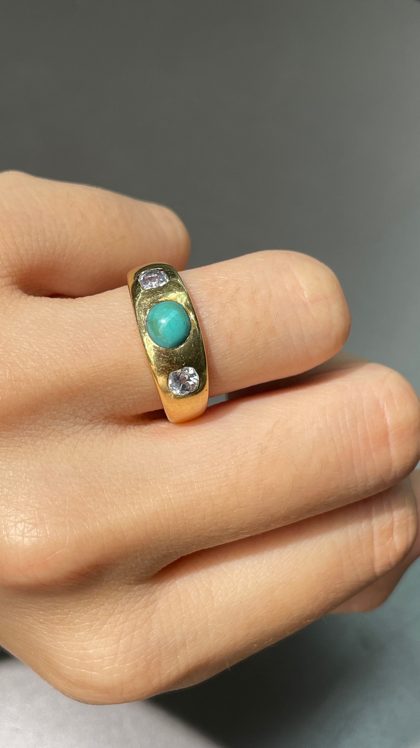 Antique English 18K Gold Turquoise Old Mine Cut Diamond Gypsy Ring