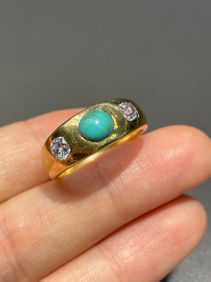 Antique English 18K Gold Turquoise Old Mine Cut Diamond Gypsy Ring
