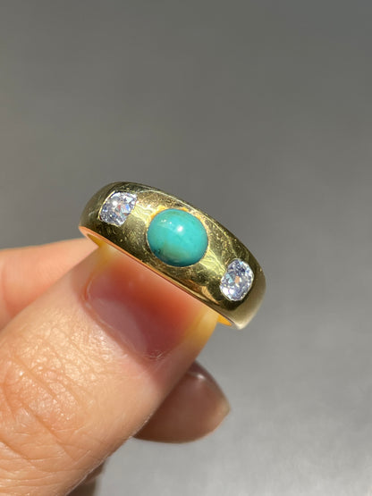 Antique English 18K Gold Turquoise Old Mine Cut Diamond Gypsy Ring