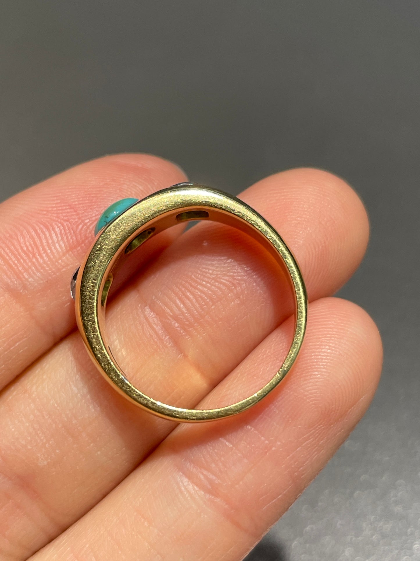 Antique English 18K Gold Turquoise Old Mine Cut Diamond Gypsy Ring