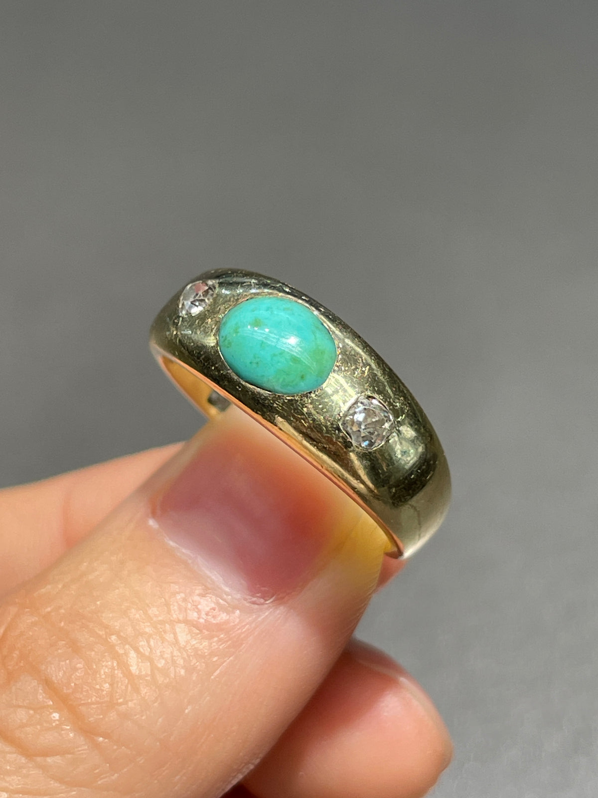 Antique English 18K Gold Turquoise Old Mine Cut Diamond Gypsy Ring