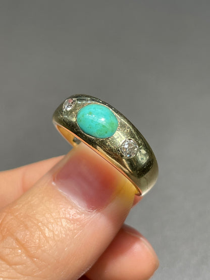 Antique English 18K Gold Turquoise Old Mine Cut Diamond Gypsy Ring