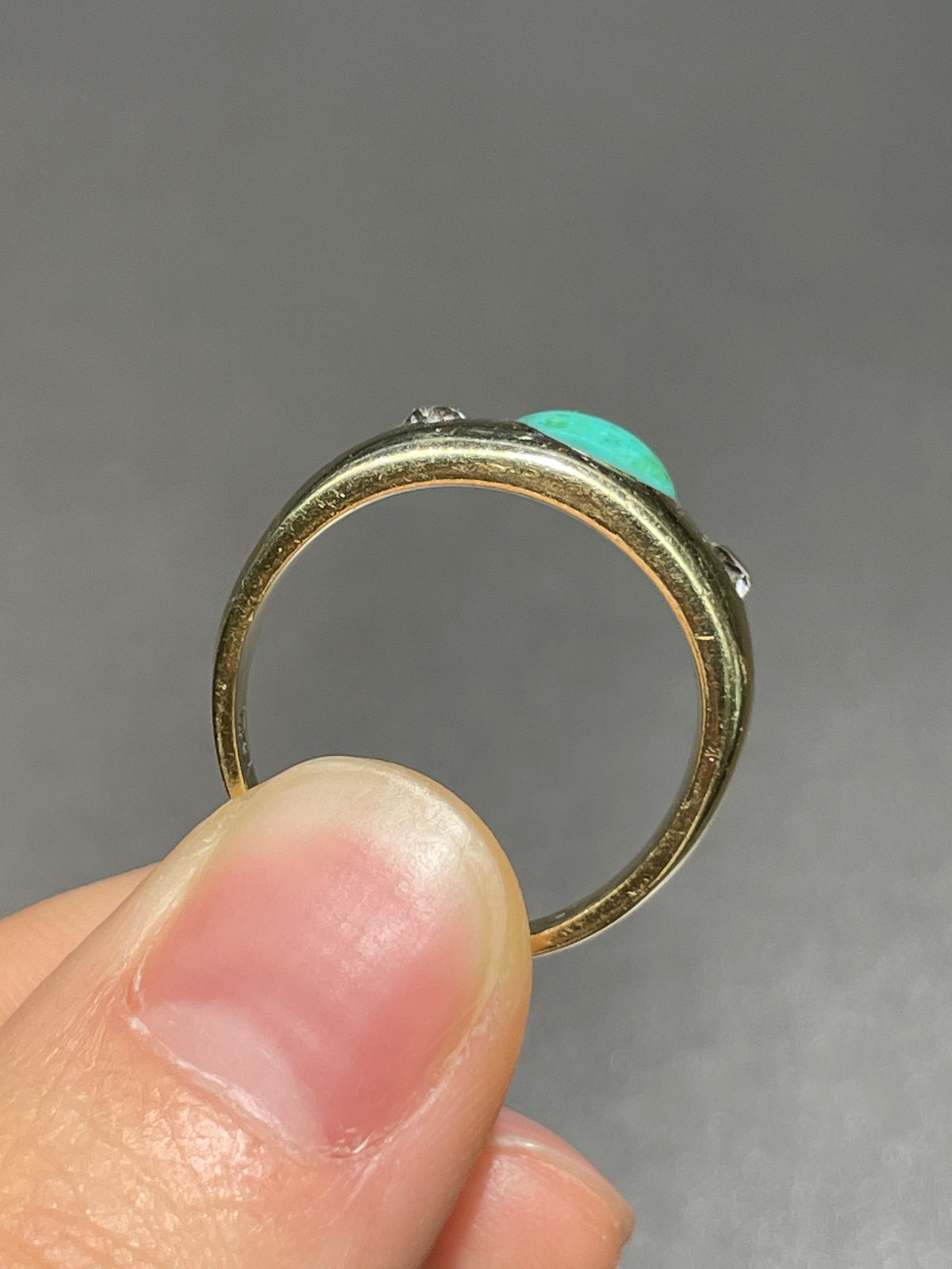 Antique English 18K Gold Turquoise Old Mine Cut Diamond Gypsy Ring
