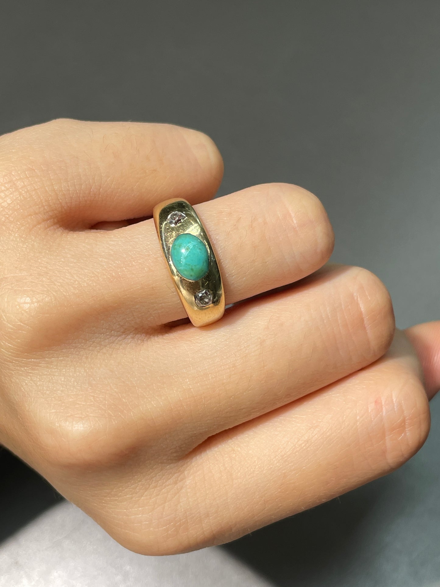 Antique English 18K Gold Turquoise Old Mine Cut Diamond Gypsy Ring