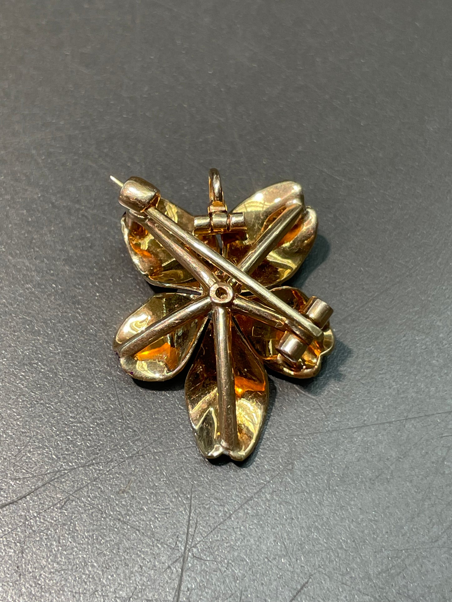 Antique 14K Yellow Gold White Purple Enamel Flower Pendant Brooch