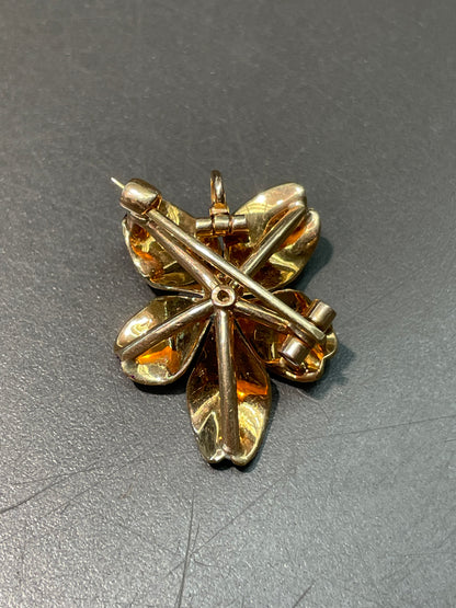 Antique 14K Yellow Gold White Purple Enamel Flower Pendant Brooch