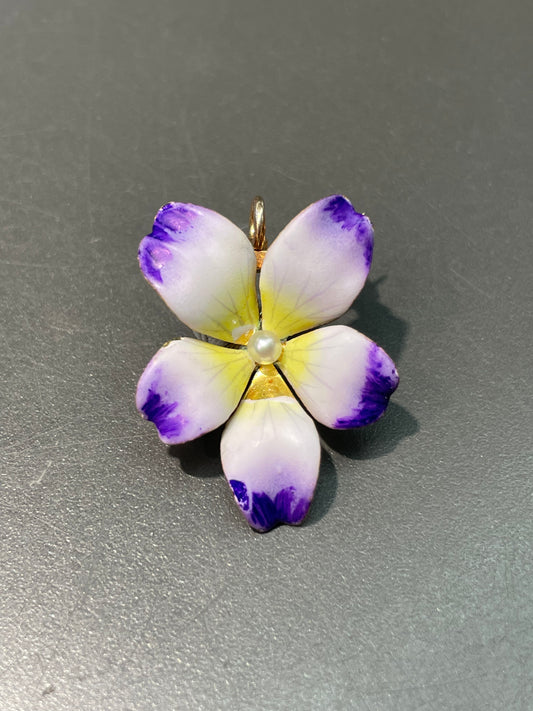Antique 14K Yellow Gold White Purple Enamel Flower Pendant Brooch