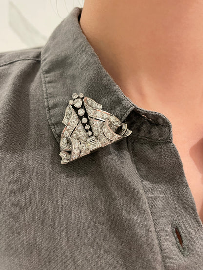 Art Deco Platinum 12.38 CTW Diamond Double Dress Clip Brooch