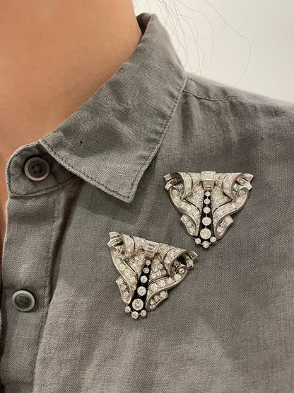 Art Deco Platinum 12.38 CTW Diamond Double Dress Clip Brooch