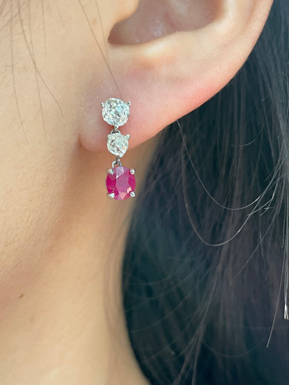 Art Deco 18K Gold Natural Burma Ruby Diamond Earring GIA
