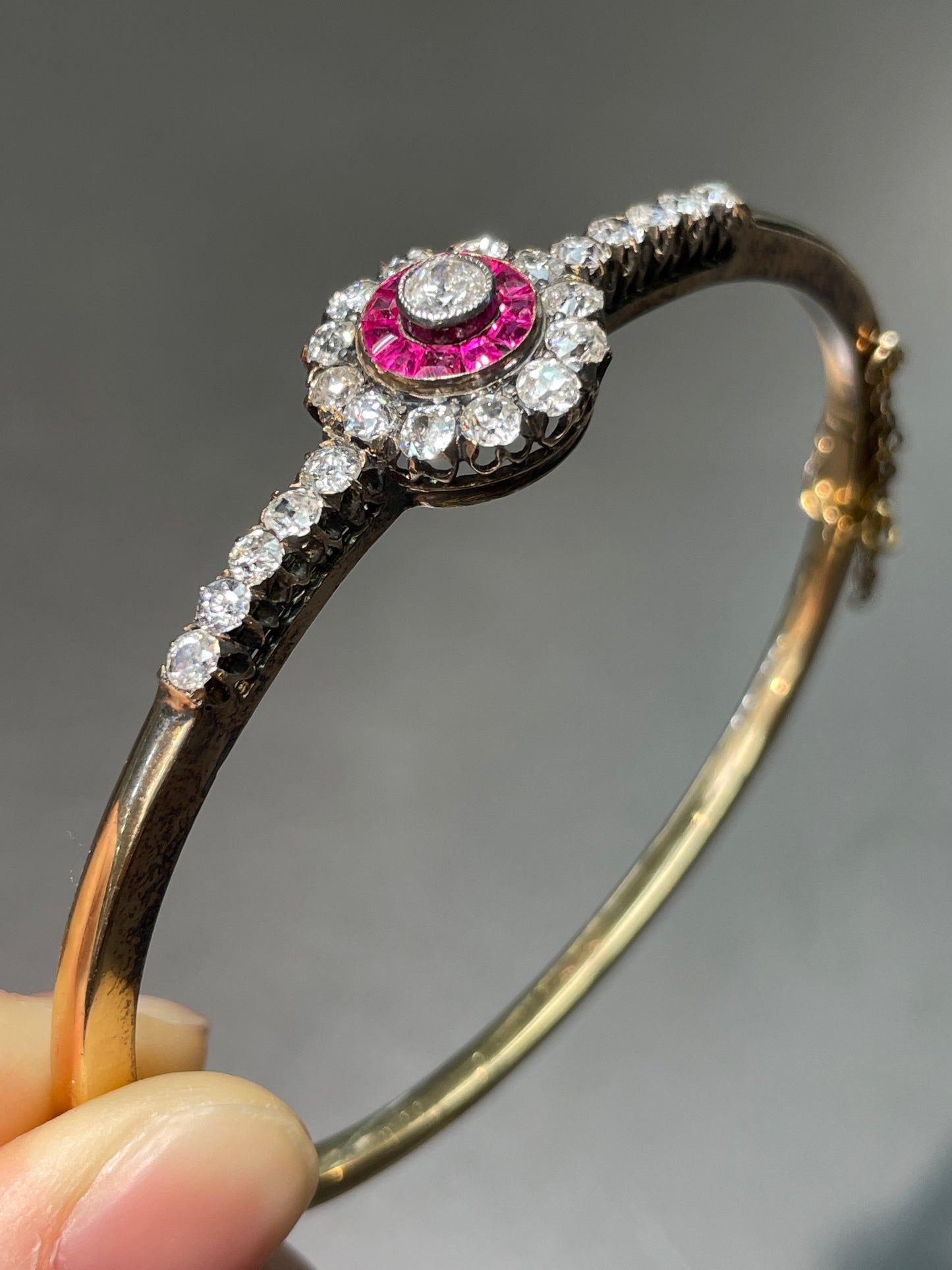Antique 14K Gold Diamond Ruby Target Bangle Bracelet