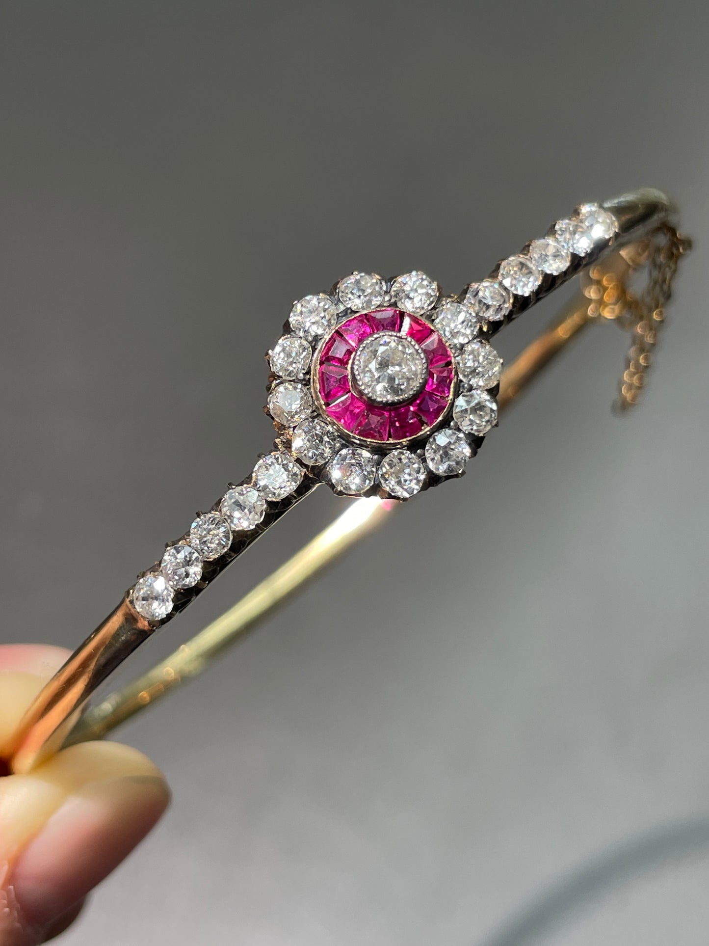 Antique 14K Gold Diamond Ruby Target Bangle Bracelet