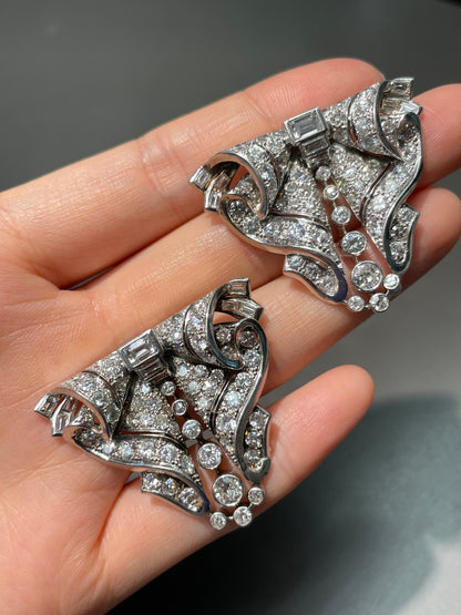 Art Deco Platinum 12.38 CTW Diamond Double Dress Clip Brooch