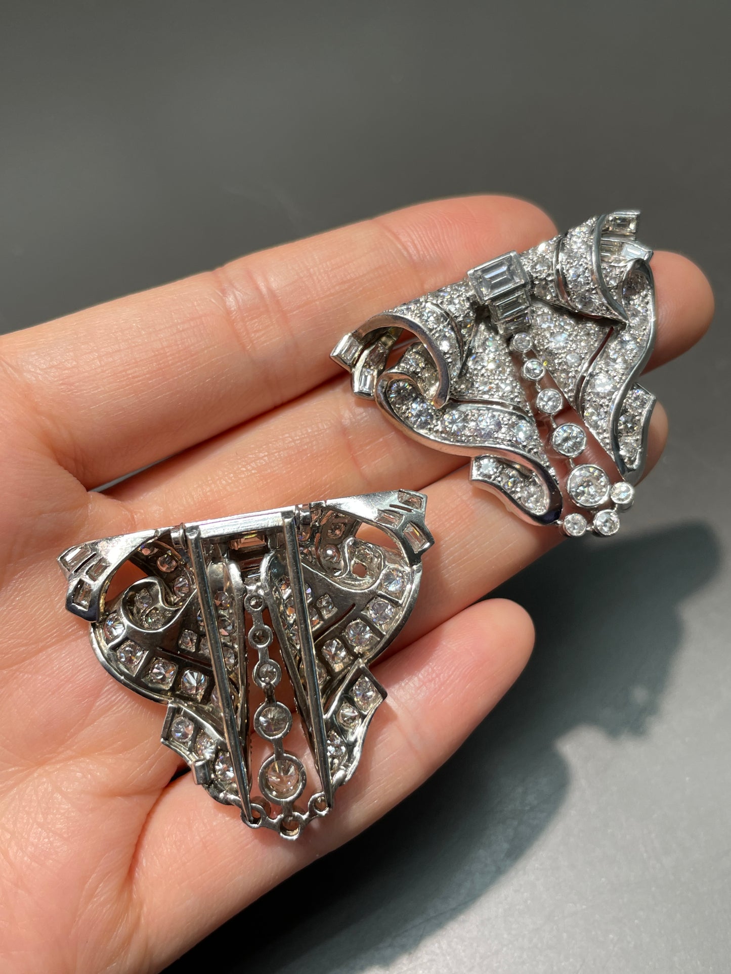 Art Deco Platinum 12.38 CTW Diamond Double Dress Clip Brooch