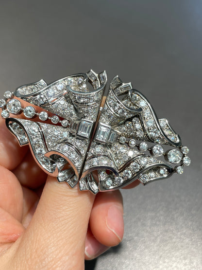 Art Deco Platinum 12.38 CTW Diamond Double Dress Clip Brooch