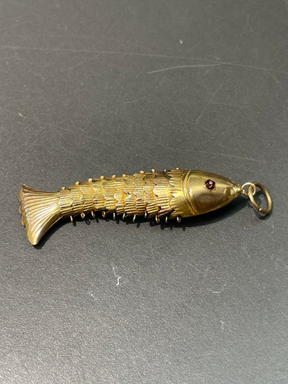 Vintage 14K Yellow Gold Large Articulated Fish Charm Pendant