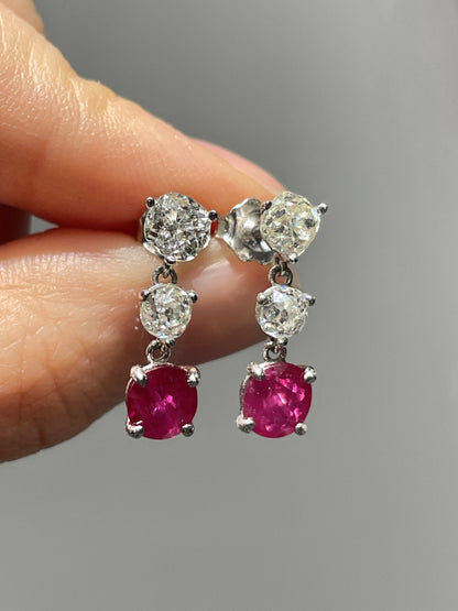 Art Deco 18K Gold Natural Burma Ruby Diamond Earring GIA