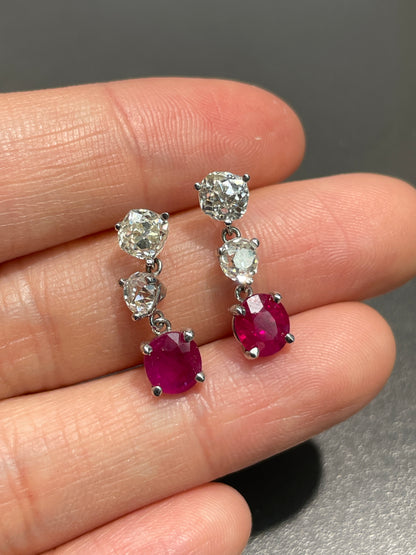 Art Deco 18K Gold Natural Burma Ruby Diamond Earring GIA