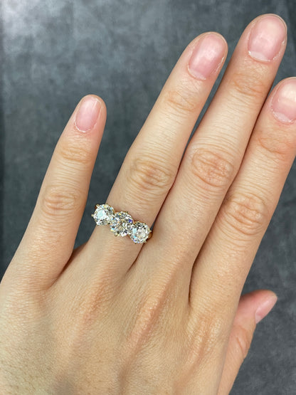 Antique 2.64 CTW Old Mine Cut Diamond Trilogy Ring GIA