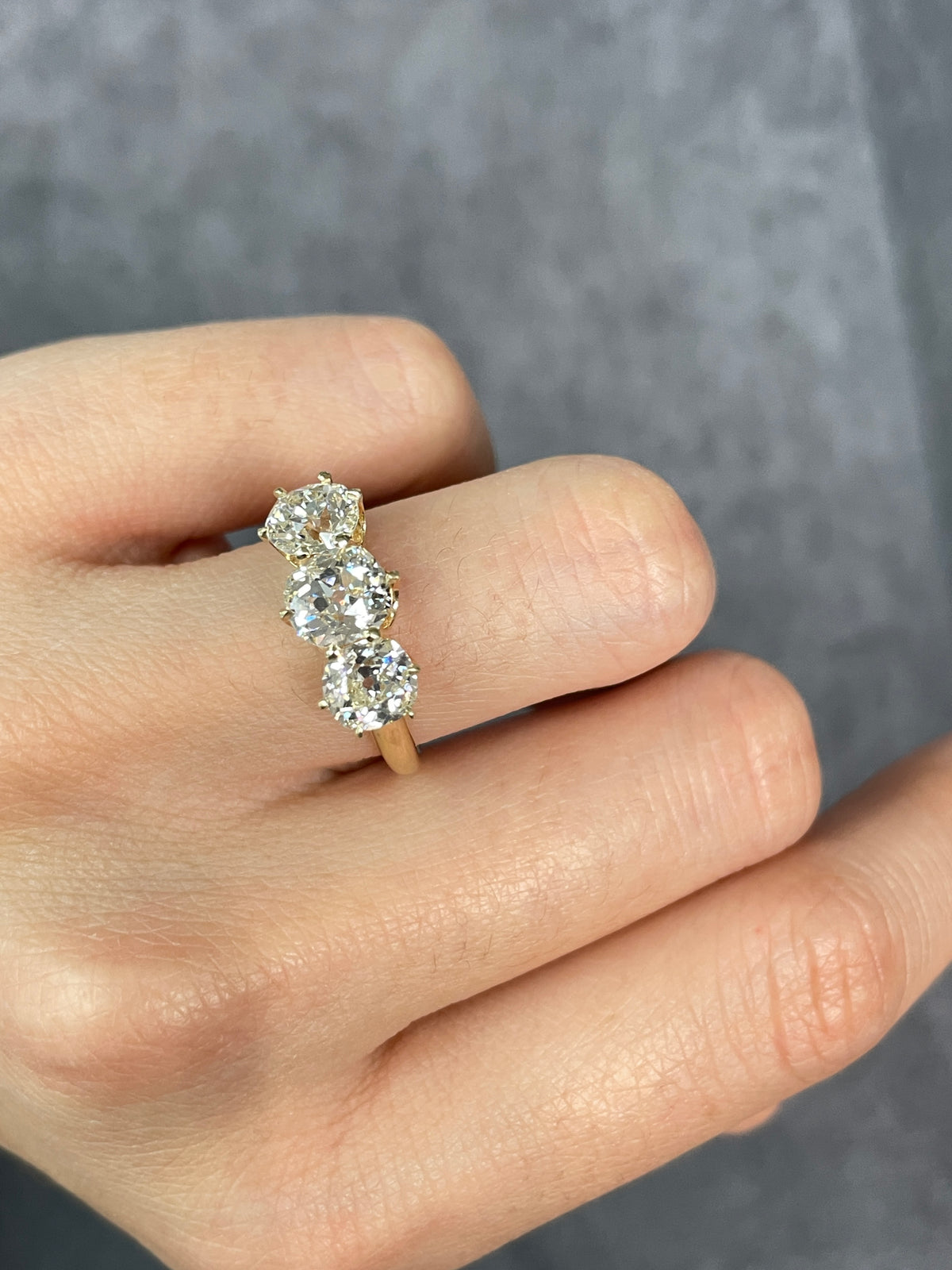 Antique 2.64 CTW Old Mine Cut Diamond Trilogy Ring GIA