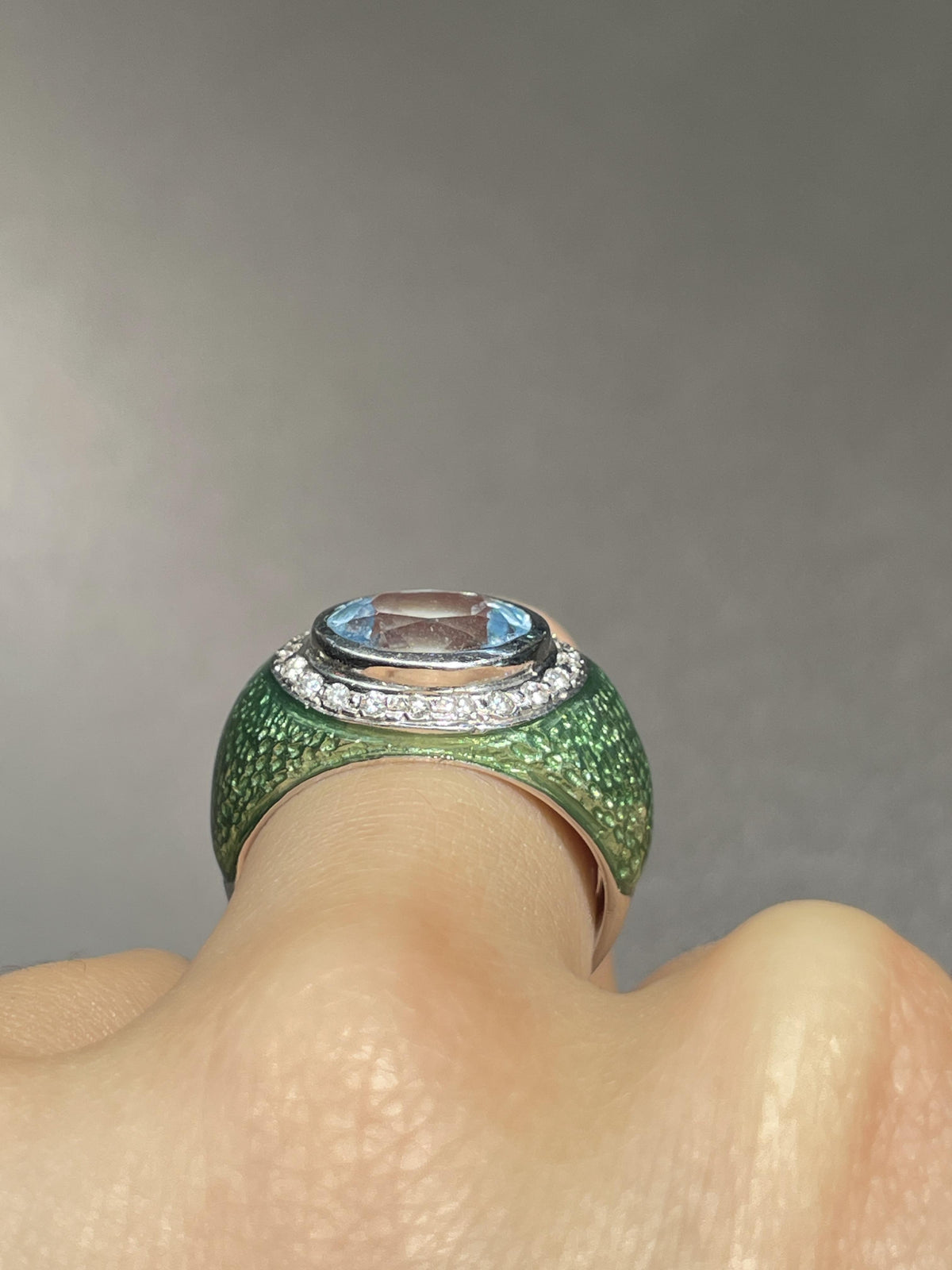 18K Gold Topaz Diamond Guilooche Enamel Gypsy Ring