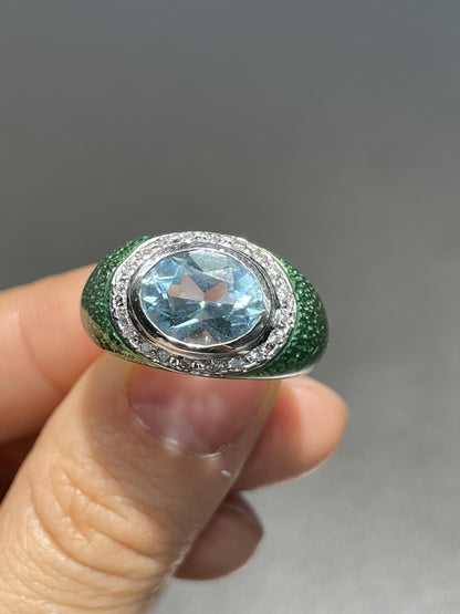 18K Gold Topaz Diamond Guilooche Enamel Gypsy Ring