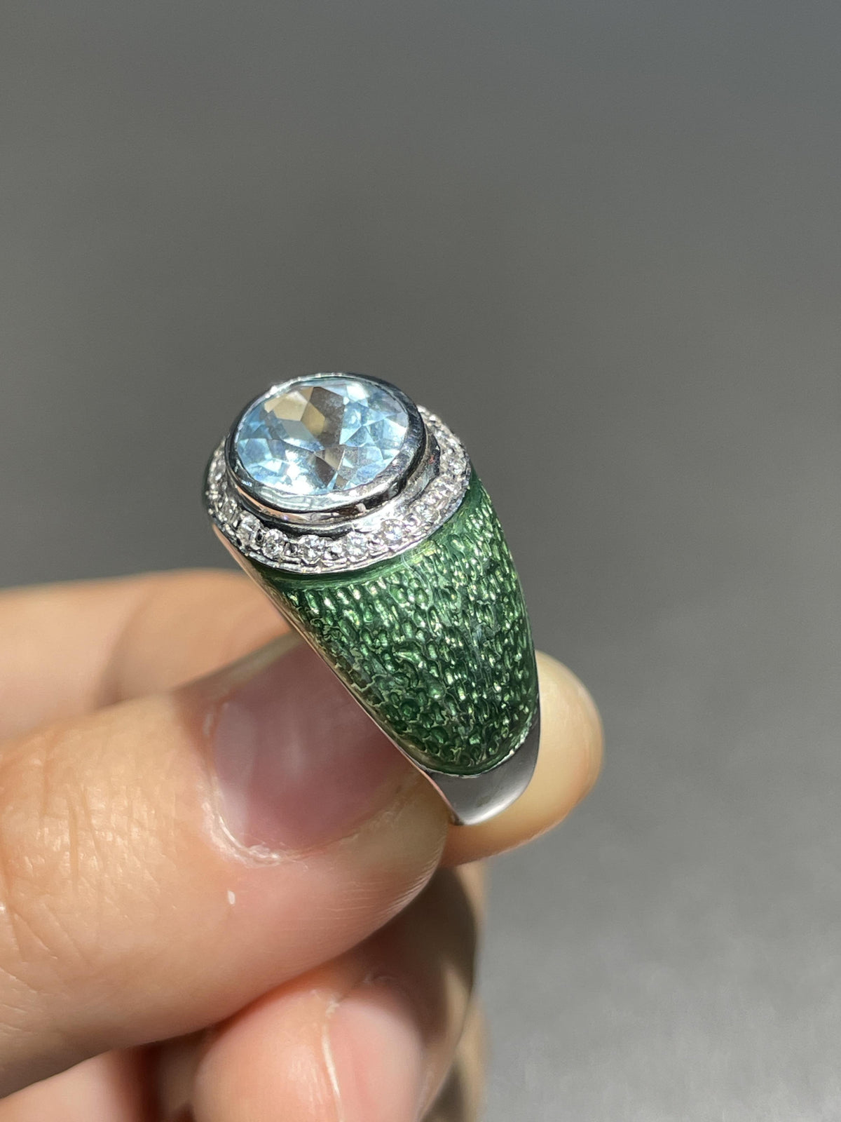 18K Gold Topaz Diamond Guilooche Enamel Gypsy Ring