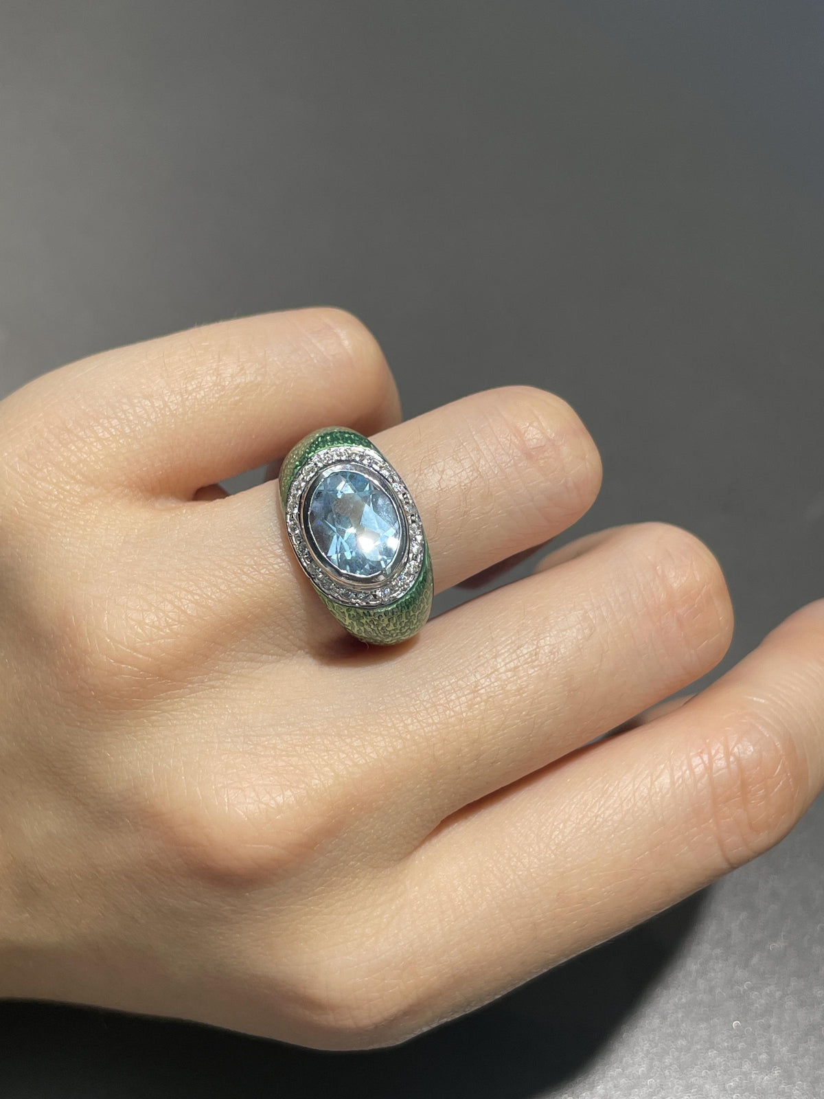 18K Gold Topaz Diamond Guilooche Enamel Gypsy Ring
