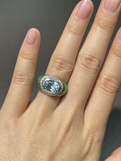 18K Gold Topaz Diamond Guilooche Enamel Gypsy Ring