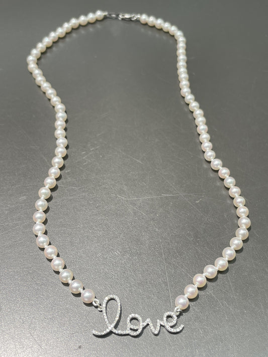 14K Gold Diamond LOVE Akoya Pearl Necklace