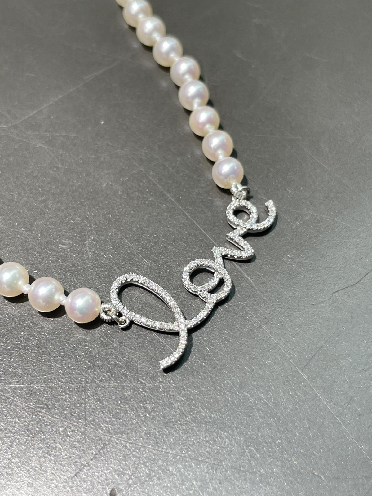 14K Gold Diamond LOVE Akoya Pearl Necklace