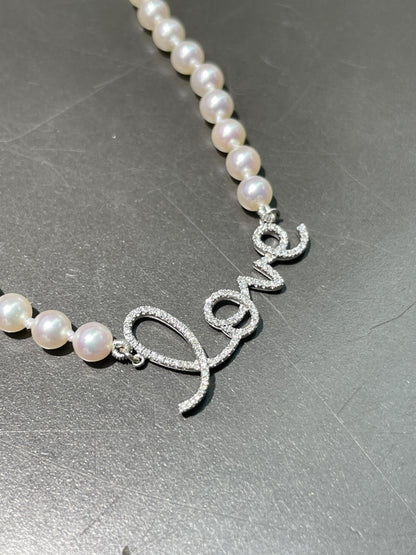 14K Gold Diamond LOVE Akoya Pearl Necklace